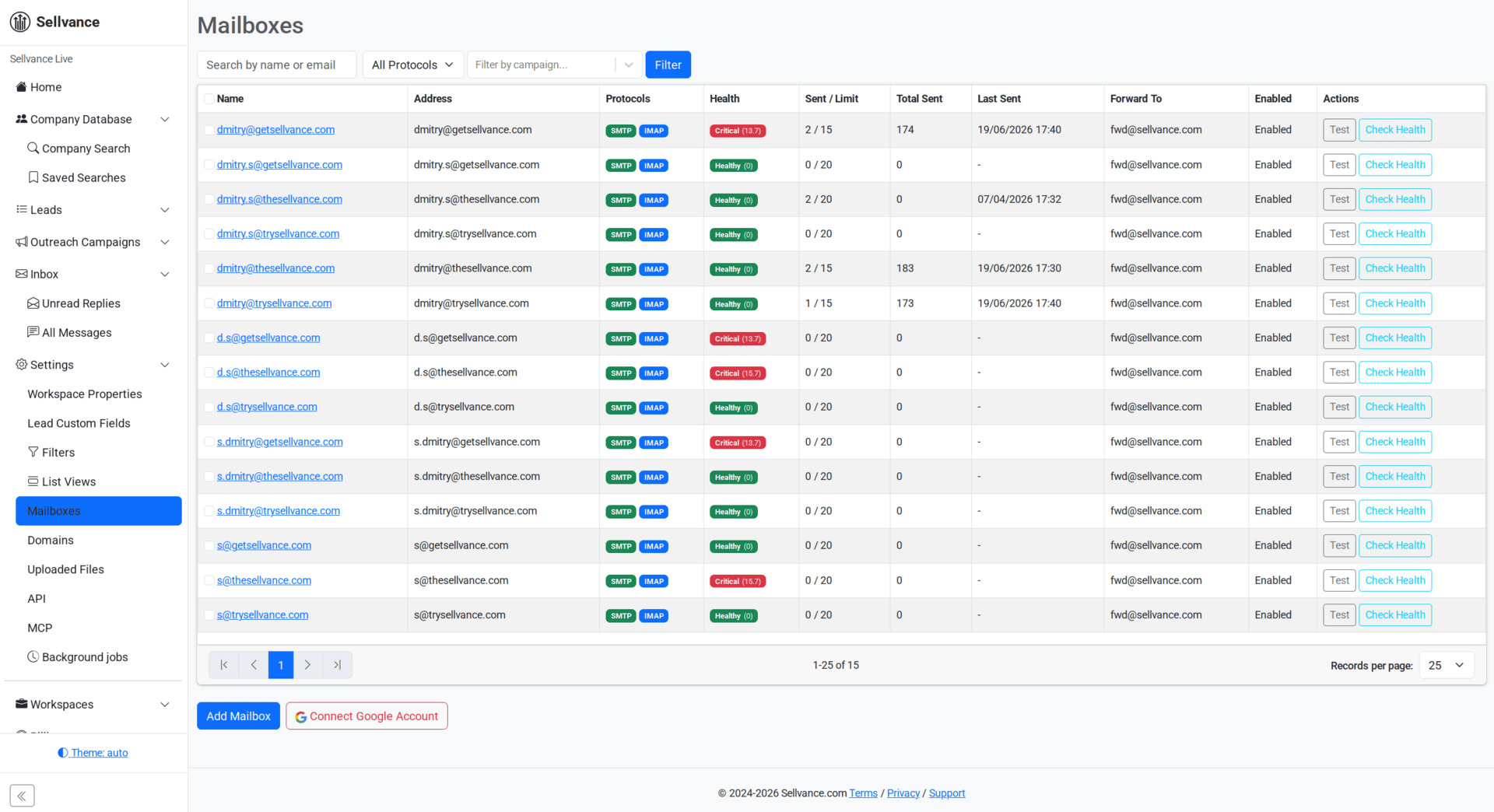 Sellvance managed mailboxes — sending inboxes on your own domains with deliverability configured for you