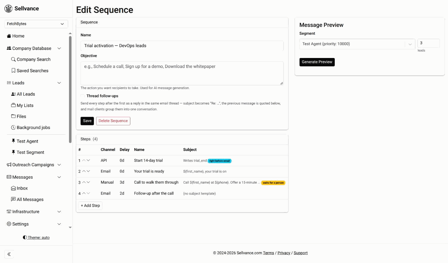 A sequence with an API step, two emails and a manual step