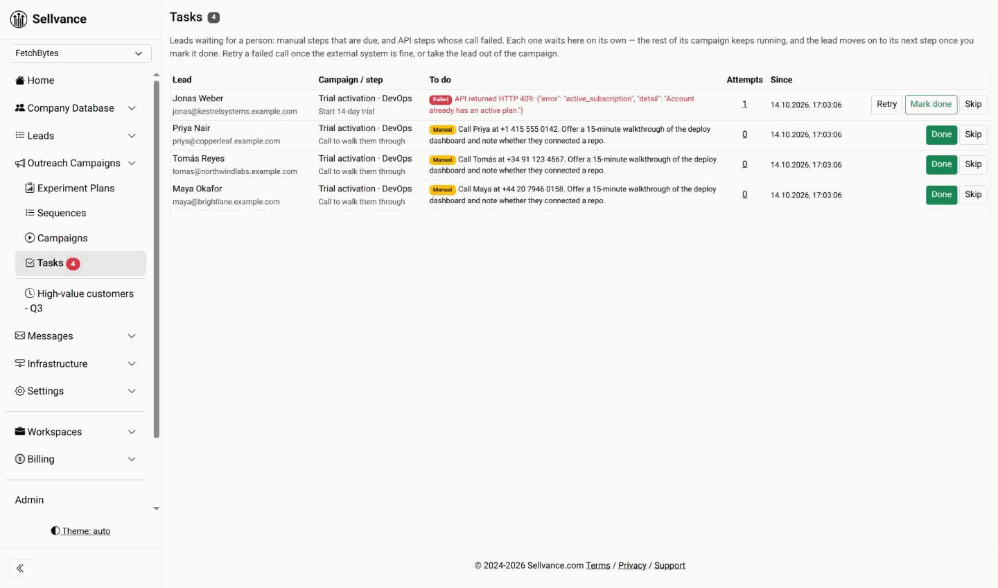Tasks list with manual calls and a failed API step